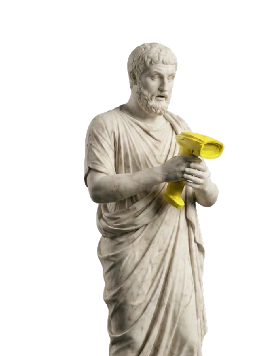Ancient marble statue holding a modern yellow barcode scanner, reading the odds with a focused expression.